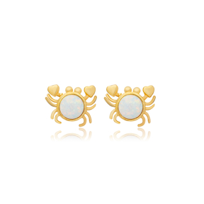 Crab Animal White Opal Stone Silver Stud Earrings Jewelry
