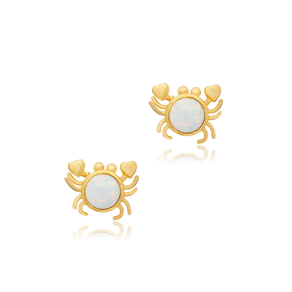Crab Animal Design White Opal Stone Stud Earrings Turkish Handcrafted Wholesale 925 Sterling Silver Jewelry