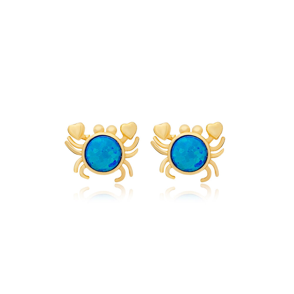 Crab Animal Design White Blue Stone Stud Earrings Turkish Handcrafted Wholesale 925 Sterling Silver Jewelry