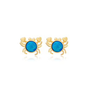 Crab Animal Design White Blue Stone Stud Earrings Turkish Handcrafted Wholesale 925 Sterling Silver Jewelry
