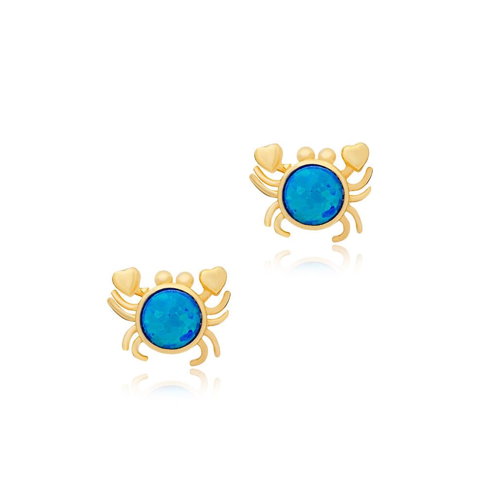 Blue Opal Stone Crab Animal Stud Earrings Silver Jewelry