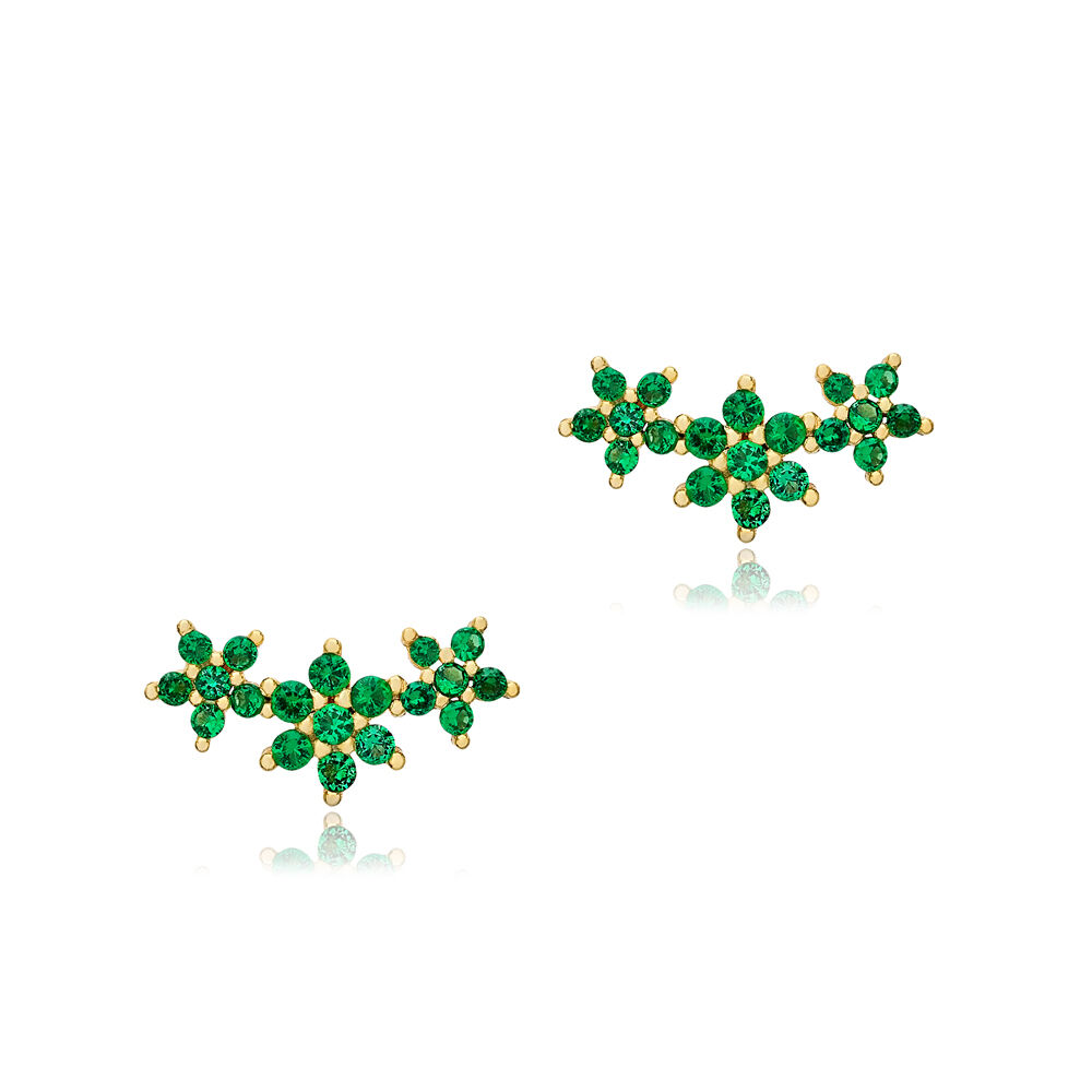 Triple Flowers Design Emerald Zircon Stone Stud Earrings Turkish Handcrafted Wholesale 925 Sterling Silver Jewelry