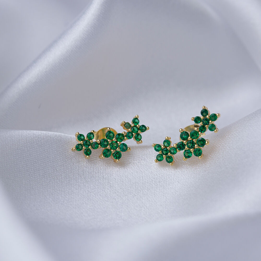 Triple Flowers Design Emerald Zircon Stone Stud Earrings Turkish Handcrafted Wholesale 925 Sterling Silver Jewelry