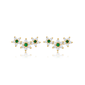 Triple Flowers Design Emerald with Zircon Stone Stud Earrings Turkish Handcrafted Wholesale 925 Sterling Silver Jewelry