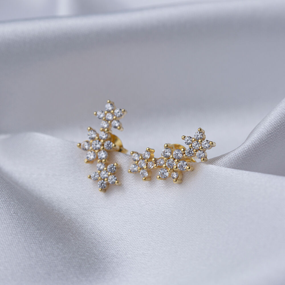 Triple Flowers Design Clear Zircon Stone Stud Earrings Turkish Handcrafted Wholesale 925 Sterling Silver Jewelry