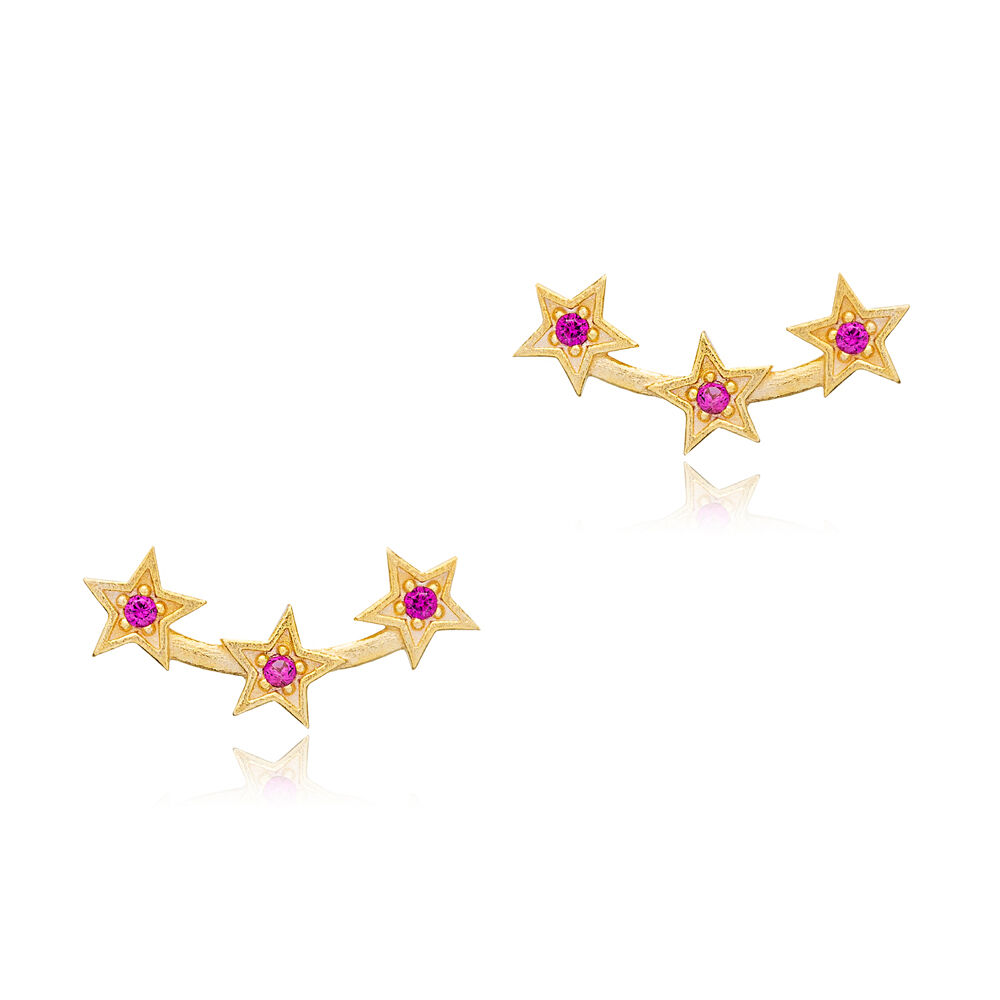 Triple Stars Design Ruby with Zircon Stone Stud Earrings Turkish Handcrafted Wholesale 925 Sterling Silver Jewelry