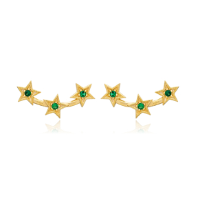 Triple Stars Design Emerald with Zircon Stone Stud Earrings Turkish Handcrafted Wholesale 925 Sterling Silver Jewelry