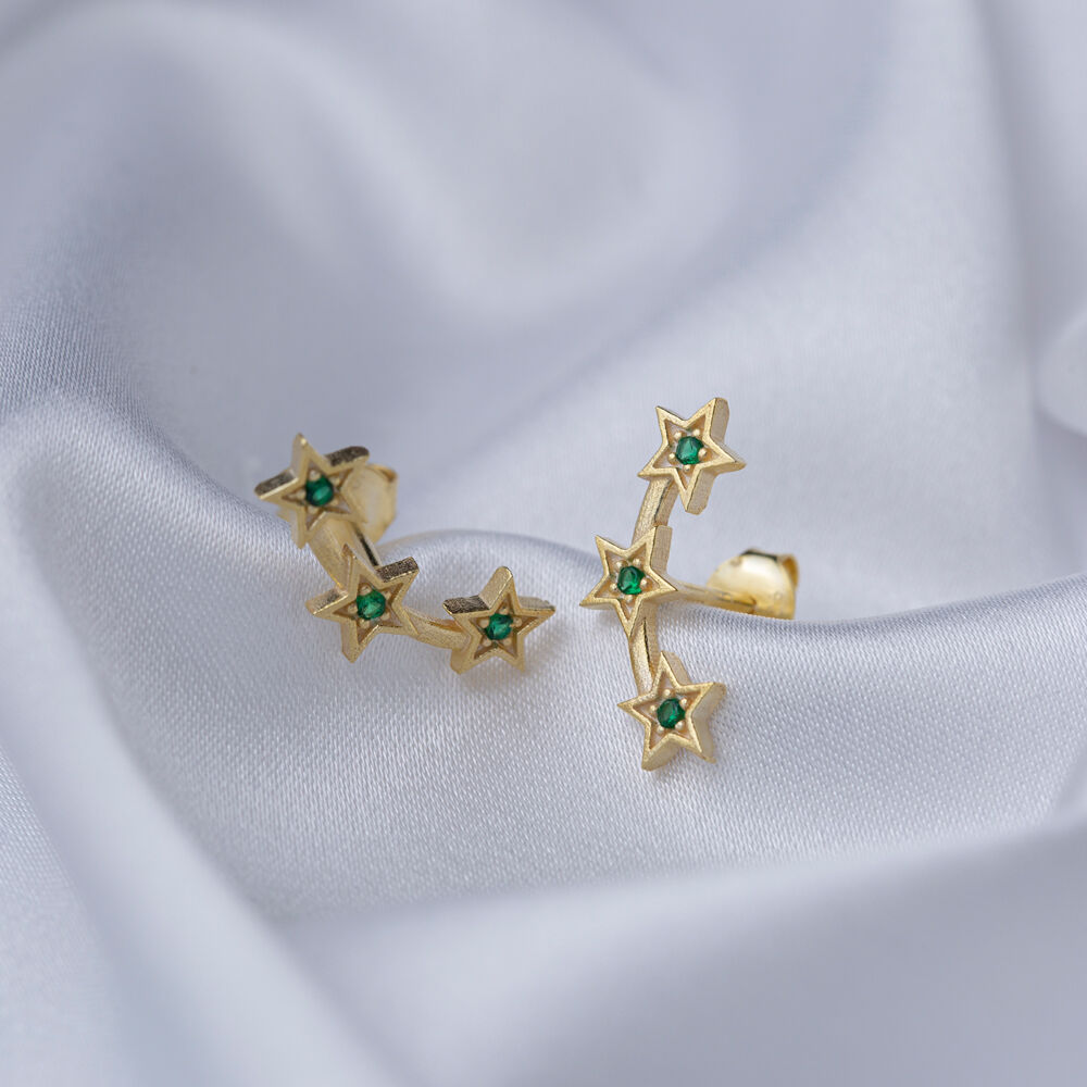 Triple Stars Design Emerald with Zircon Stone Stud Earrings Turkish Handcrafted Wholesale 925 Sterling Silver Jewelry