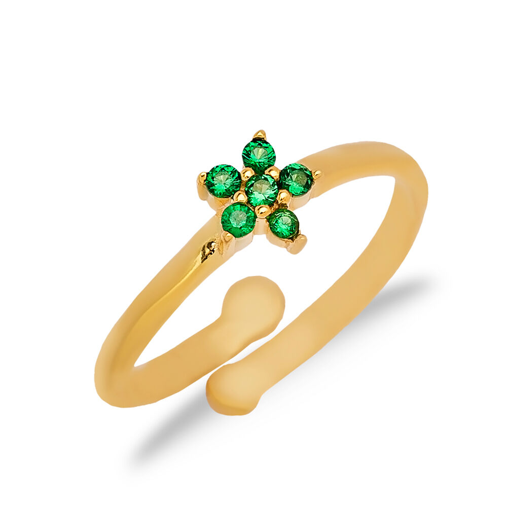 Flower Design Emerald Stone Adjustable Ring Turkish Handmade Wholesale 925 Sterling Silver Jewelry