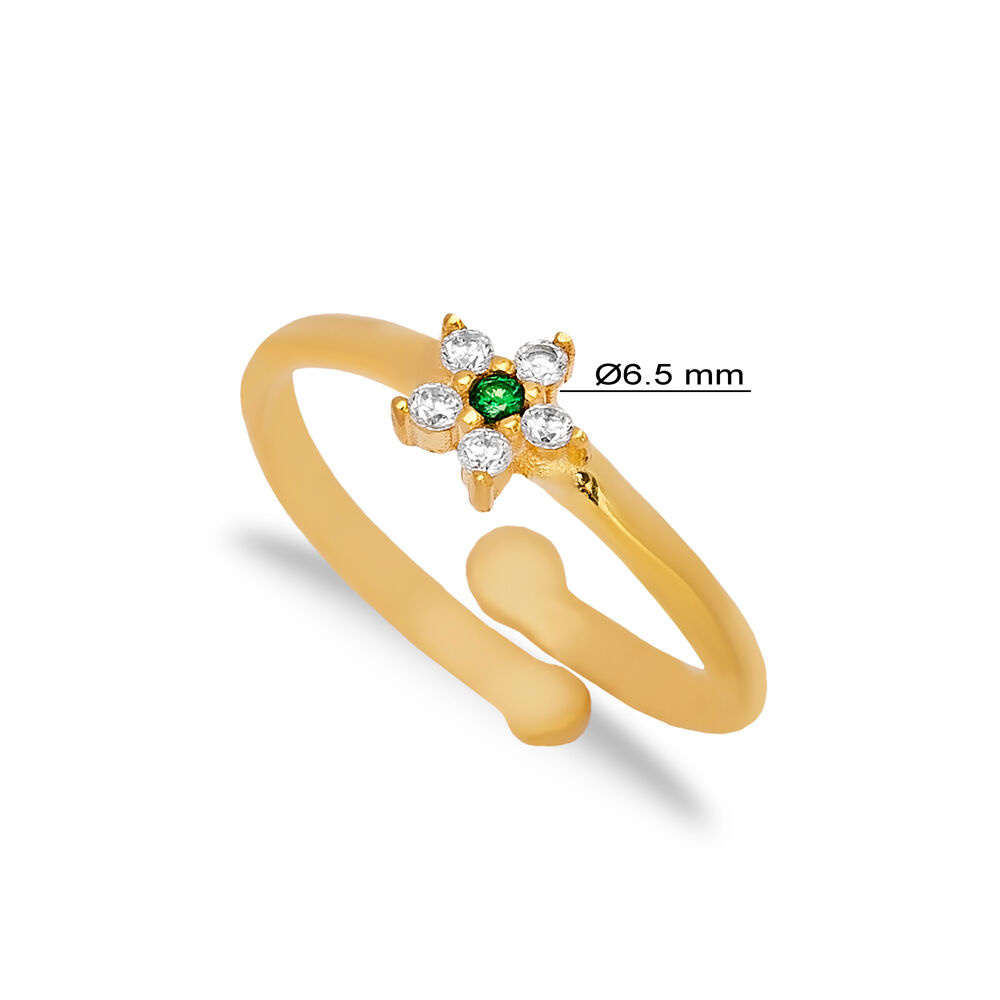 Flower Design Zircon with Emerald Stone Adjustable Ring Turkish Handmade Wholesale 925 Sterling Silver Jewelry