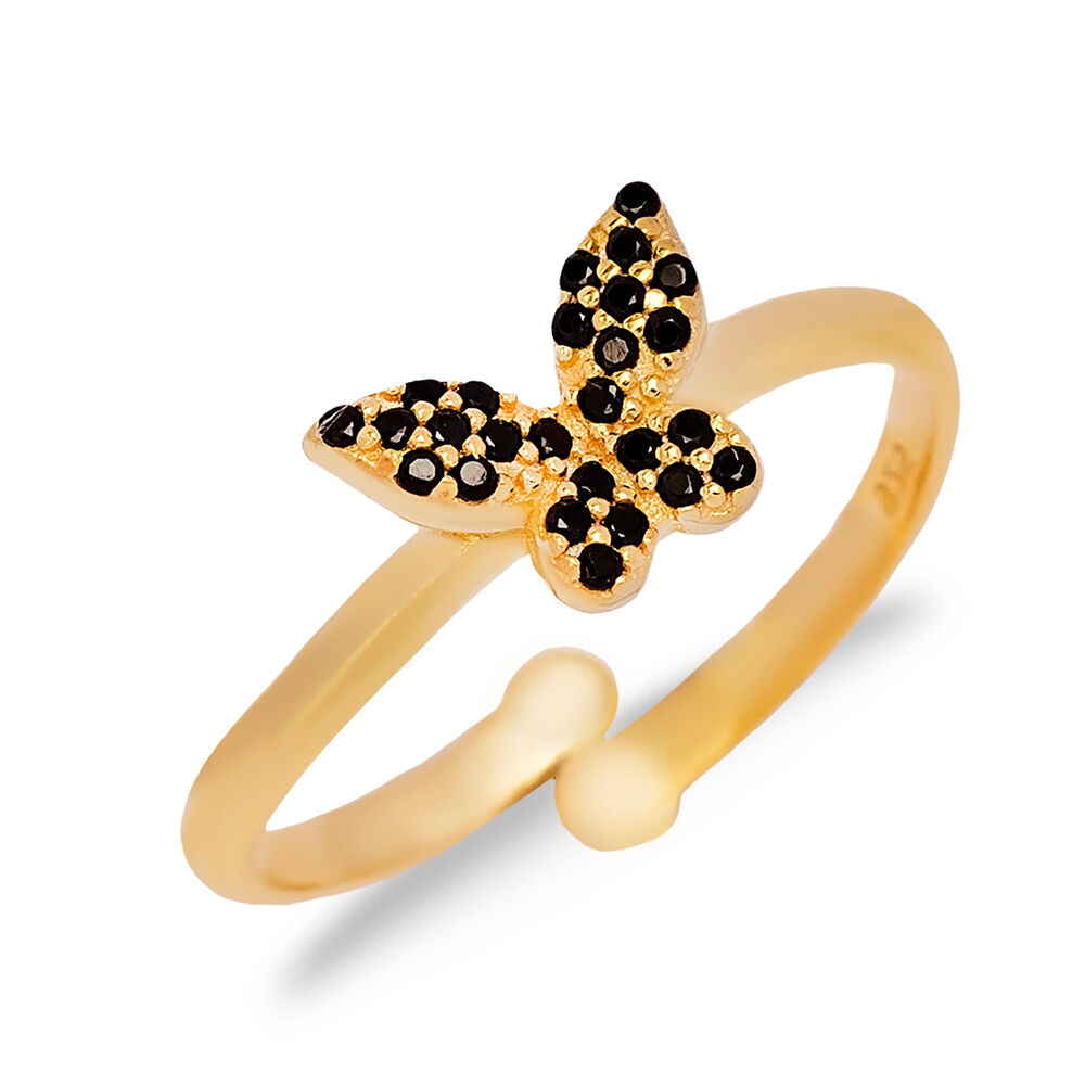 Butterfly Design Black Zircon Stone Adjustable Ring Turkish Handmade Wholesale 925 Sterling Silver Jewelry