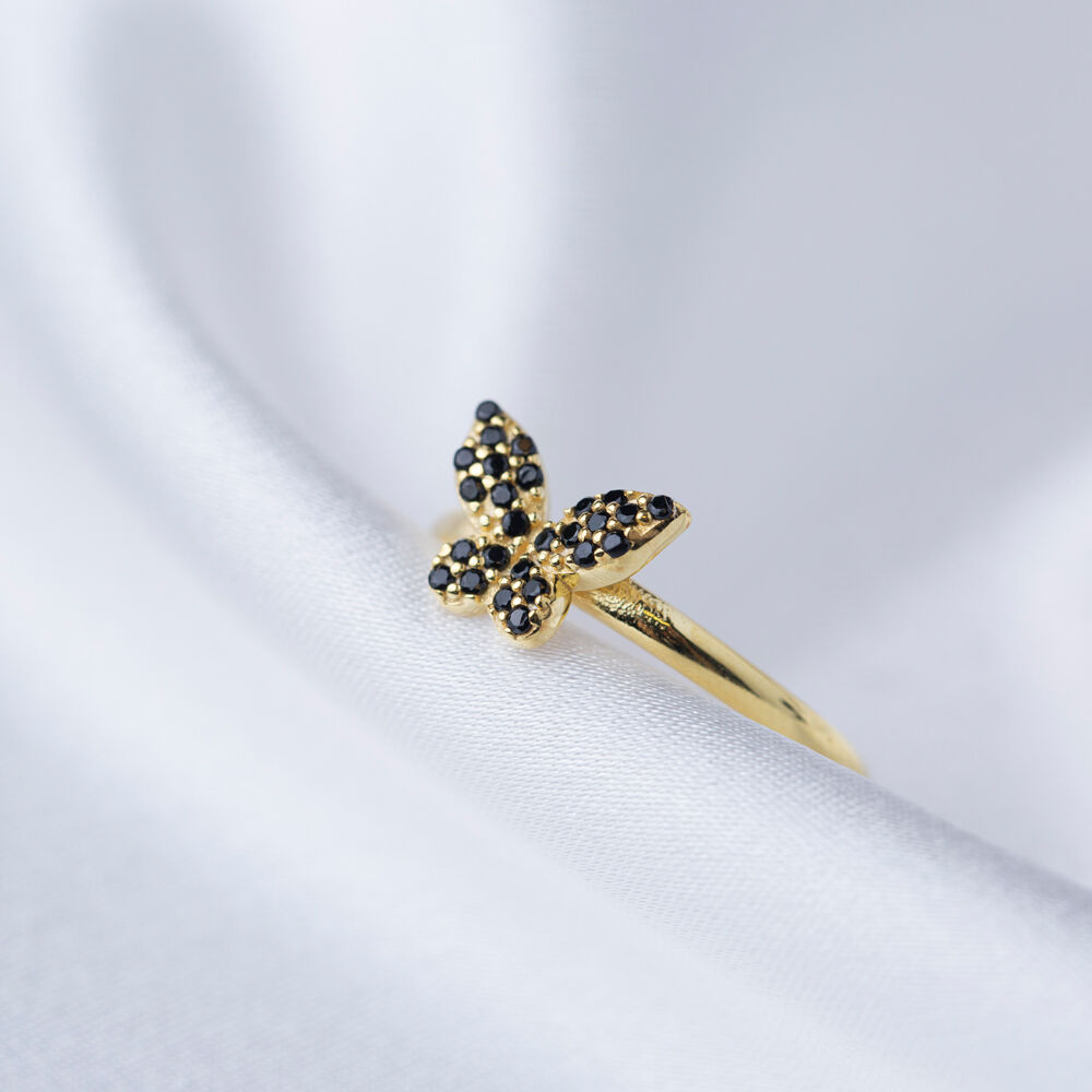 Butterfly Design Black Zircon Stone Adjustable Ring Turkish Handmade Wholesale 925 Sterling Silver Jewelry