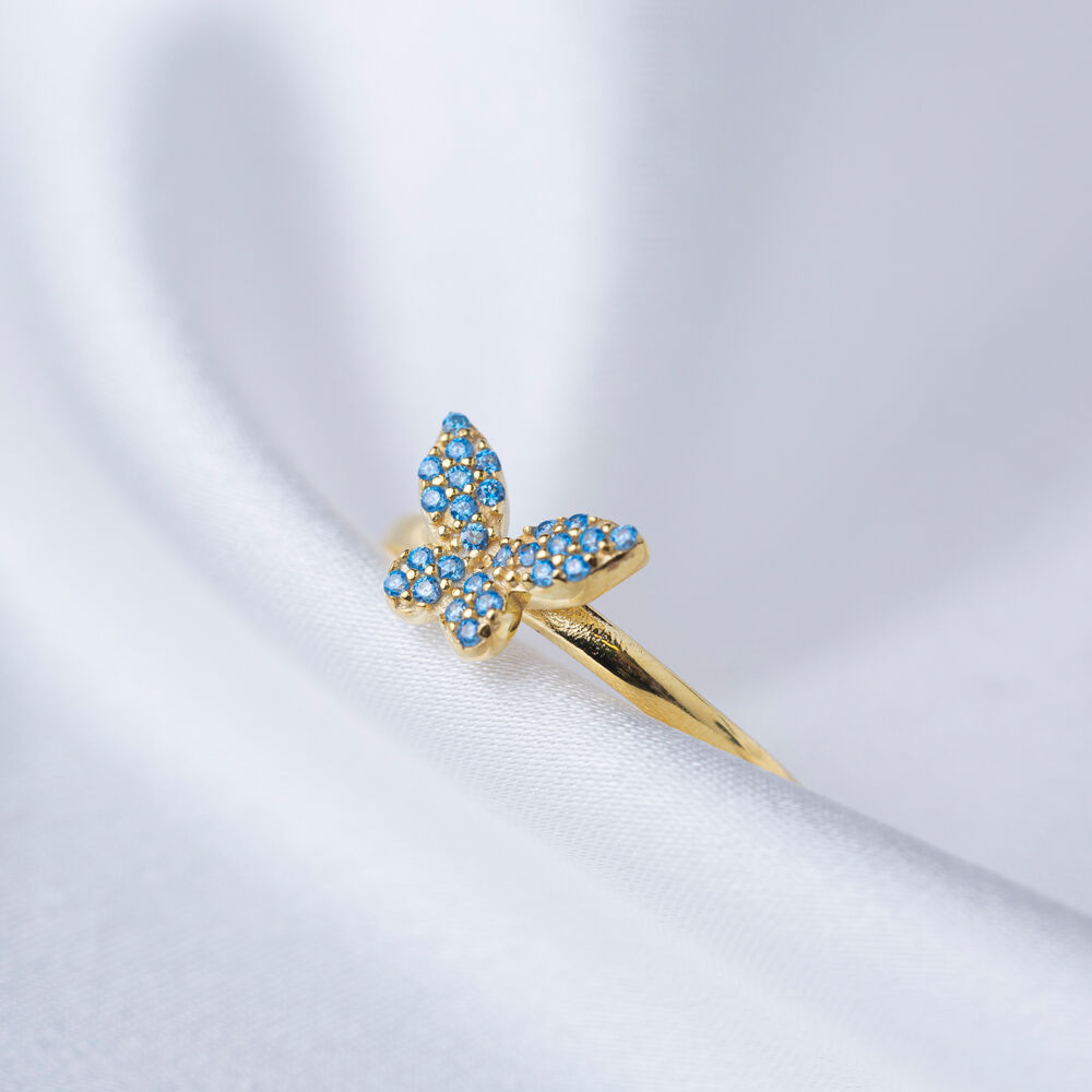 Butterfly Design Aquamarine Stone Adjustable Ring Turkish Handmade Wholesale 925 Sterling Silver Jewelry