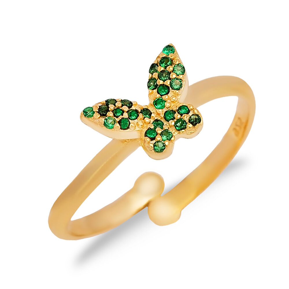 Butterfly Design Emerald Stone Adjustable Ring Turkish Handmade Wholesale 925 Sterling Silver Jewelry