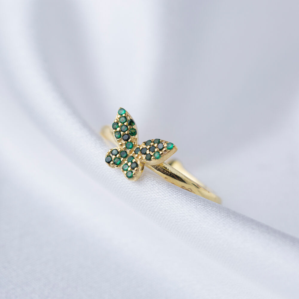 Butterfly Design Emerald Stone Adjustable Ring Turkish Handmade Wholesale 925 Sterling Silver Jewelry