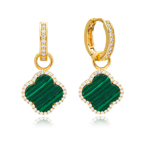 Green Malachite Clover Zircon Stone Dangle Earrings 925 Sterling Silver Jewelry