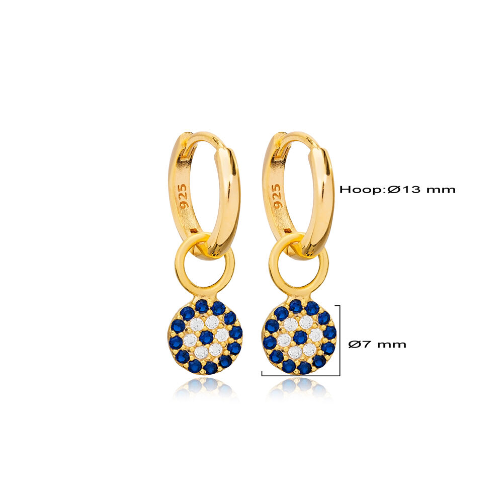 Round Shape Evil Eye Design Sapphire with Zircon Stone Turkish Handmade Dangle Earrings 925 Sterling Silver Jewelry