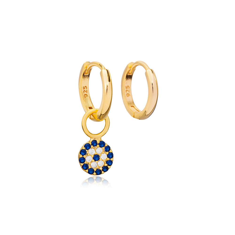 Round Shape Evil Eye Design Sapphire with Zircon Stone Turkish Handmade Dangle Earrings 925 Sterling Silver Jewelry