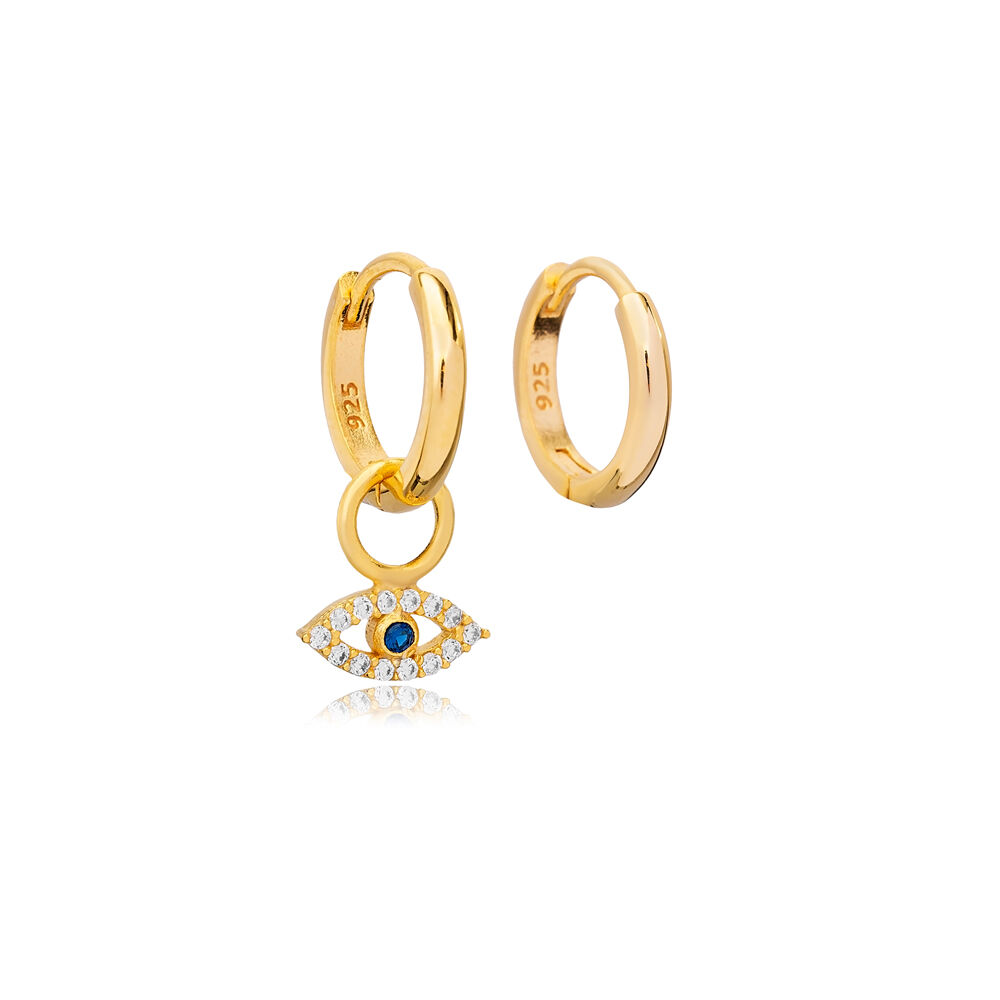 Eye Shape Eye Design Sapphire with Zircon Stone Dangle Earrings Turkish Handmade 925 Sterling Silver Jewelry