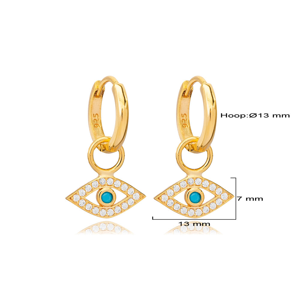 Eye Shape Eye Design Turquoise with Zircon Stone Dangle Earrings Turkish Handmade 925 Sterling Silver Jewelry