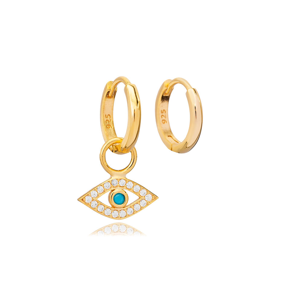 Eye Shape Eye Design Turquoise with Zircon Stone Dangle Earrings Turkish Handmade 925 Sterling Silver Jewelry