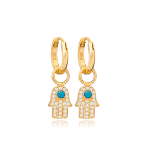 Hamsa Design Turquoise with Zircon Stone Dangle Earrings Turkish Handmade Wholesale 925 Sterling Silver Jewelry