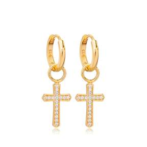 Cross Design Zircon Stone Christian Collection Dangle Earrings Turkish Handcrafted 925 Sterling Silver Jewelry