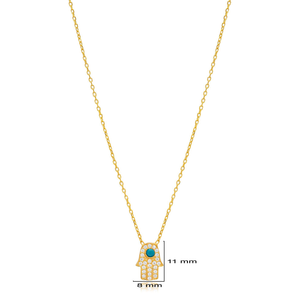 Hamsa Shape Turquoise with Zircon Stone Charm Necklace Turkish Handmade Wholesale 925 Sterling Silver Jewelry
