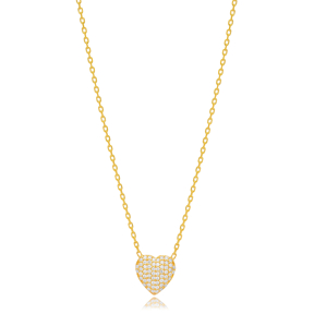 Heart Shape Shiny Zircon Stone Love Design Charm Necklace Turkish Handmade Wholesale 925 Sterling Silver Jewelry