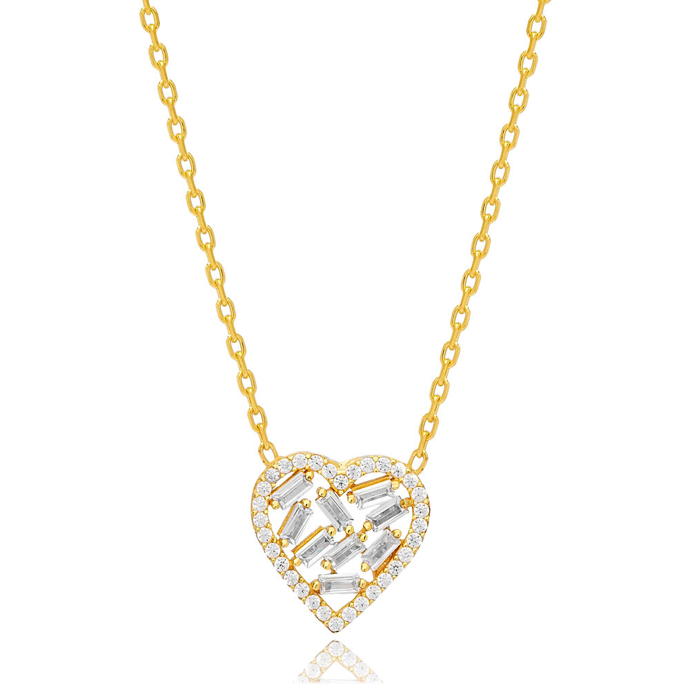 Heart Design Baguette Zircon Stone Charm Necklace Turkish Handcrafted Wholesale 925 Sterling Silver Jewelry