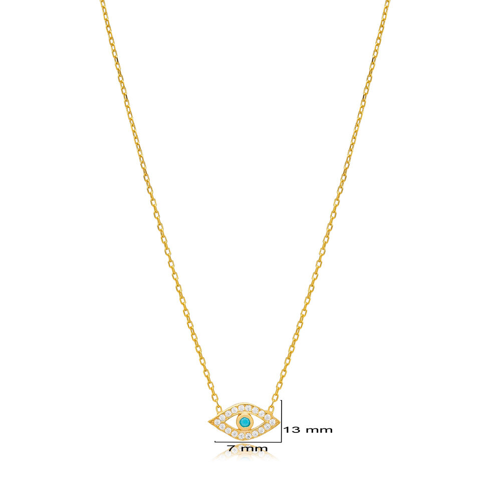Minimalist Evil Eye Design Turquoise with Zircon Stone Charm Necklace Turkish Handmade Wholesale 925 Sterling Silver Jewelry
