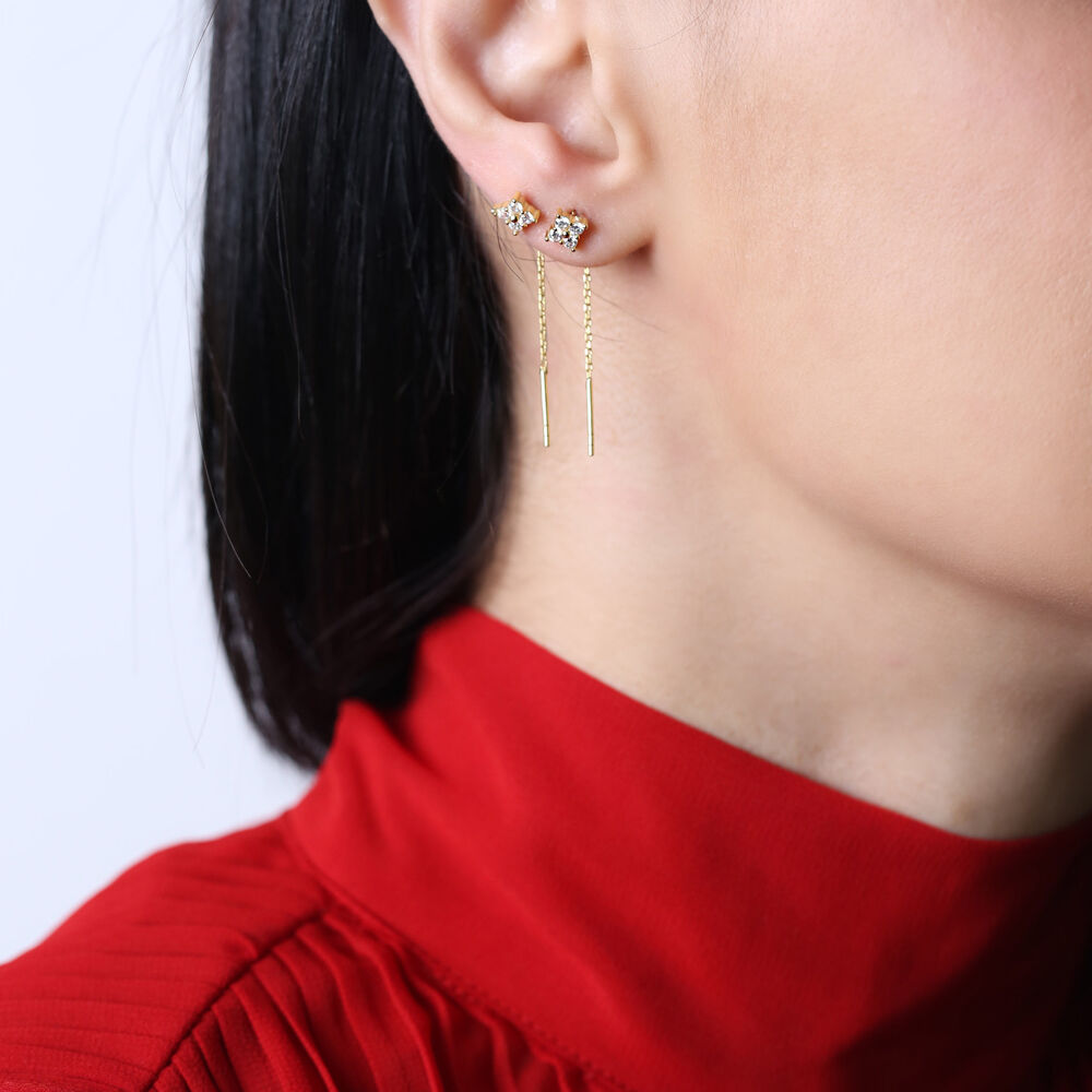 Minimalist Geometric Shape Zircon Stone Threader Earrings Turkish Handmade 925 Sterling Silver Jewelry