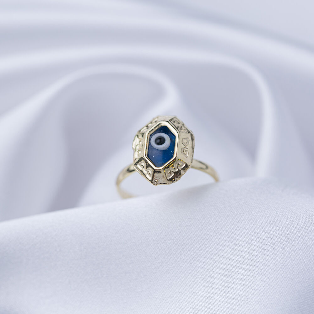 Geometric Shape Evil Eye Design Woman Ring Turkish Handmade Wholesale 925 Sterling Silver Jewelry