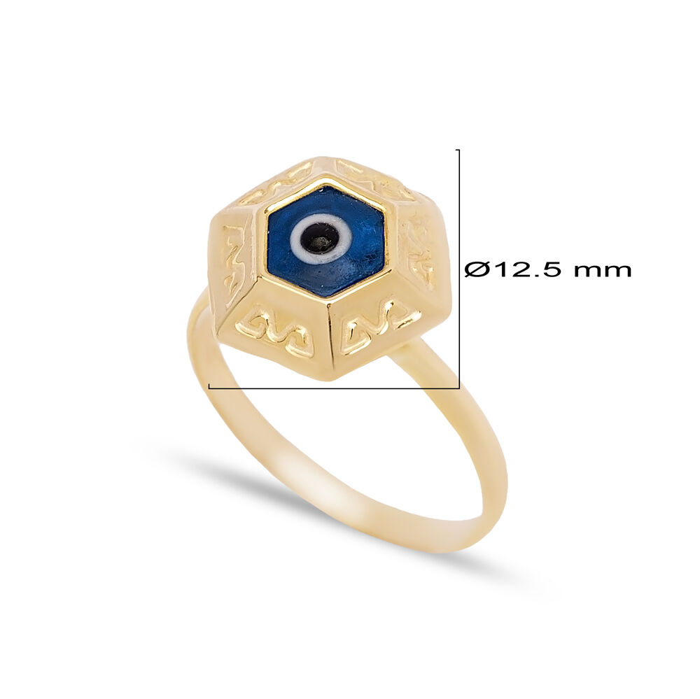 Hexagon Geometric Shape Evil Eye Design Woman Ring Turkish Handmade Wholesale 925 Sterling Silver Jewelry