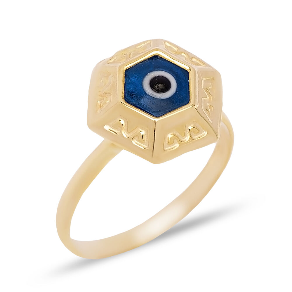 Hexagon Geometric Shape Evil Eye Design Woman Ring Turkish Handmade Wholesale 925 Sterling Silver Jewelry