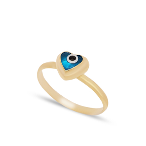 Heart Shape Blue Enamel Evil Eye Design Woman Ring Turkish Handmade Wholesale 925 Sterling Silver Jewelry