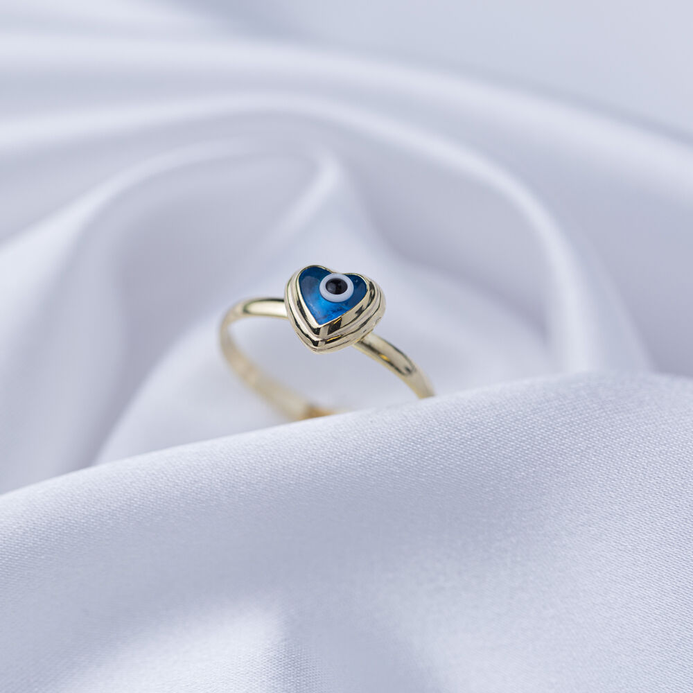 Heart Shape Blue Evil Eye Design Woman Ring Turkish Handmade Wholesale 925 Sterling Silver Jewelry