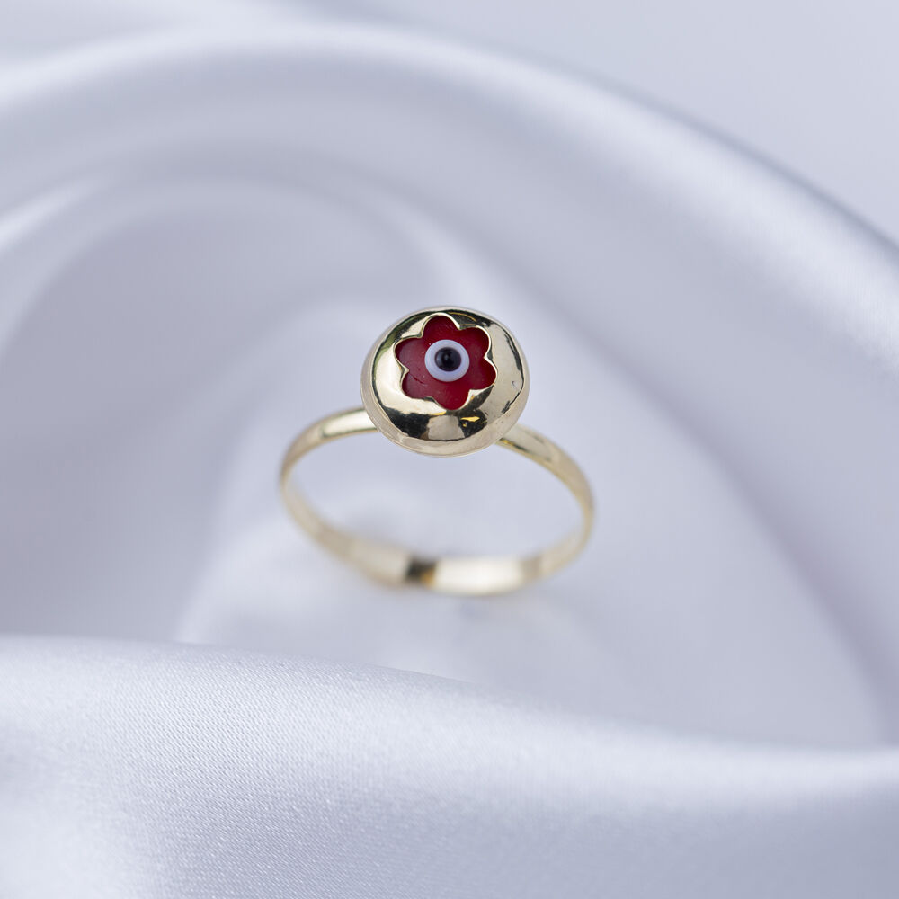 Cute Round Shape Red Evil Eye Design Woman Ring Turkish Handmade Wholesale 925 Sterling Silver Jewelry