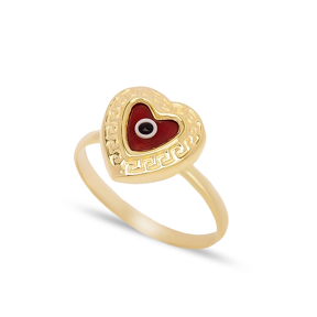 Heart Shape Red Enamel Evil Eye Design Woman Ring Turkish Handmade Wholesale 925 Sterling Silver Jewelry