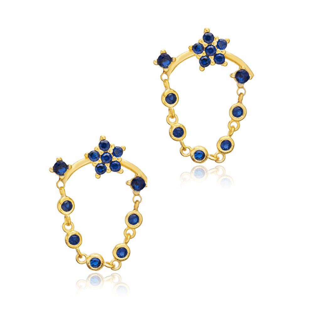 Star Shape Chain Design Sapphire Stone Stud Earrings Turkish Handcrafted Wholesale 925 Sterling Silver Jewelry