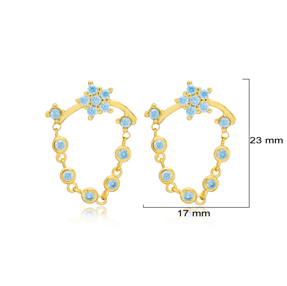 Star Cut Chain Design Aquamarine Stone Stud Earrings Turkish Handcrafted Wholesale 925 Sterling Silver Jewelry