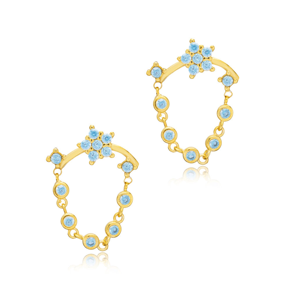Star Shape Chain Design Aquamarine Stone Stud Earrings Turkish Handcrafted Wholesale 925 Sterling Silver Jewelry