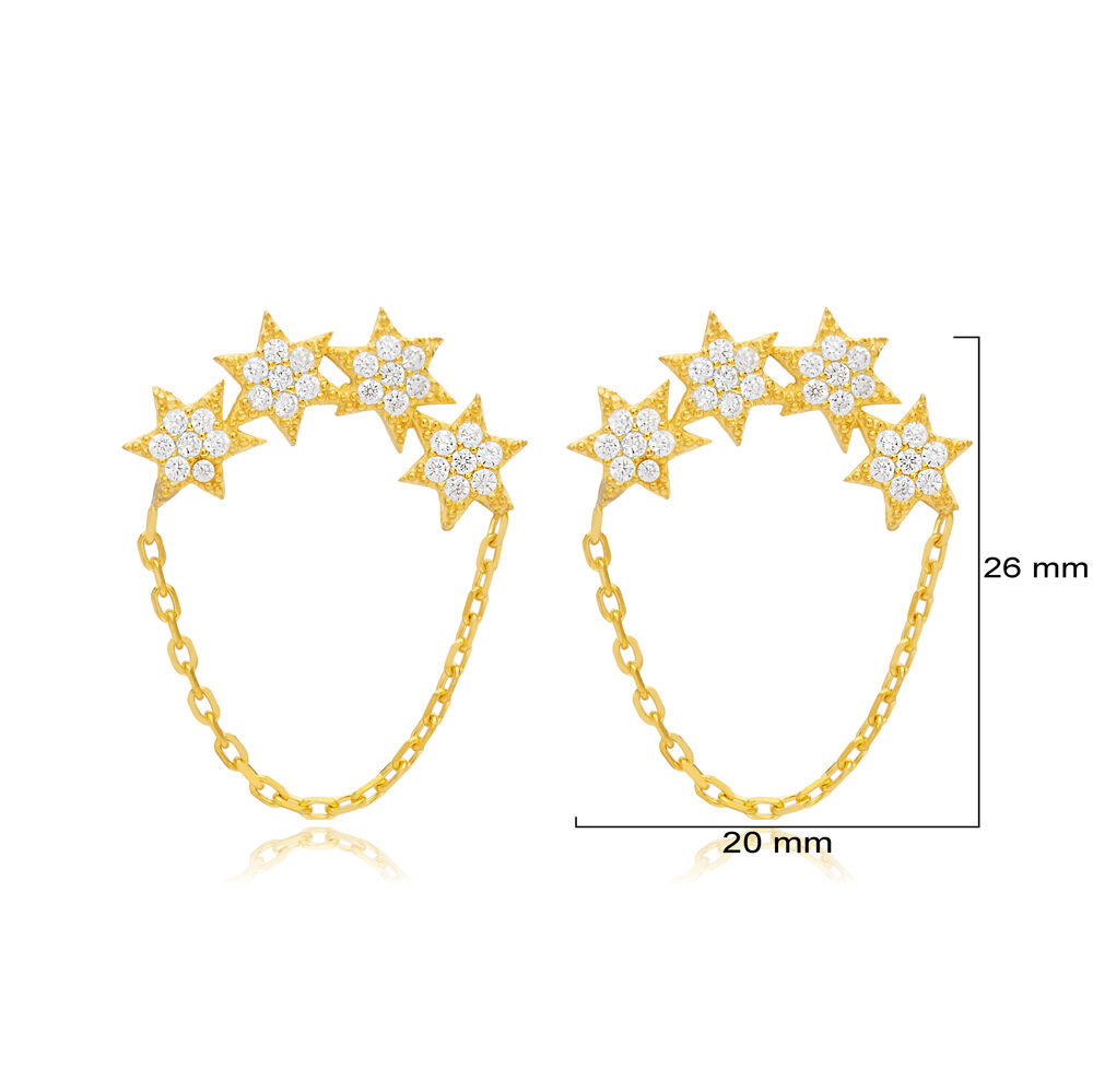 Multi Star Shape Chain Design Shiny Zircon Stone Stud Earrings Turkish Handmade Wholesale 925 Sterling Silver Jewelry