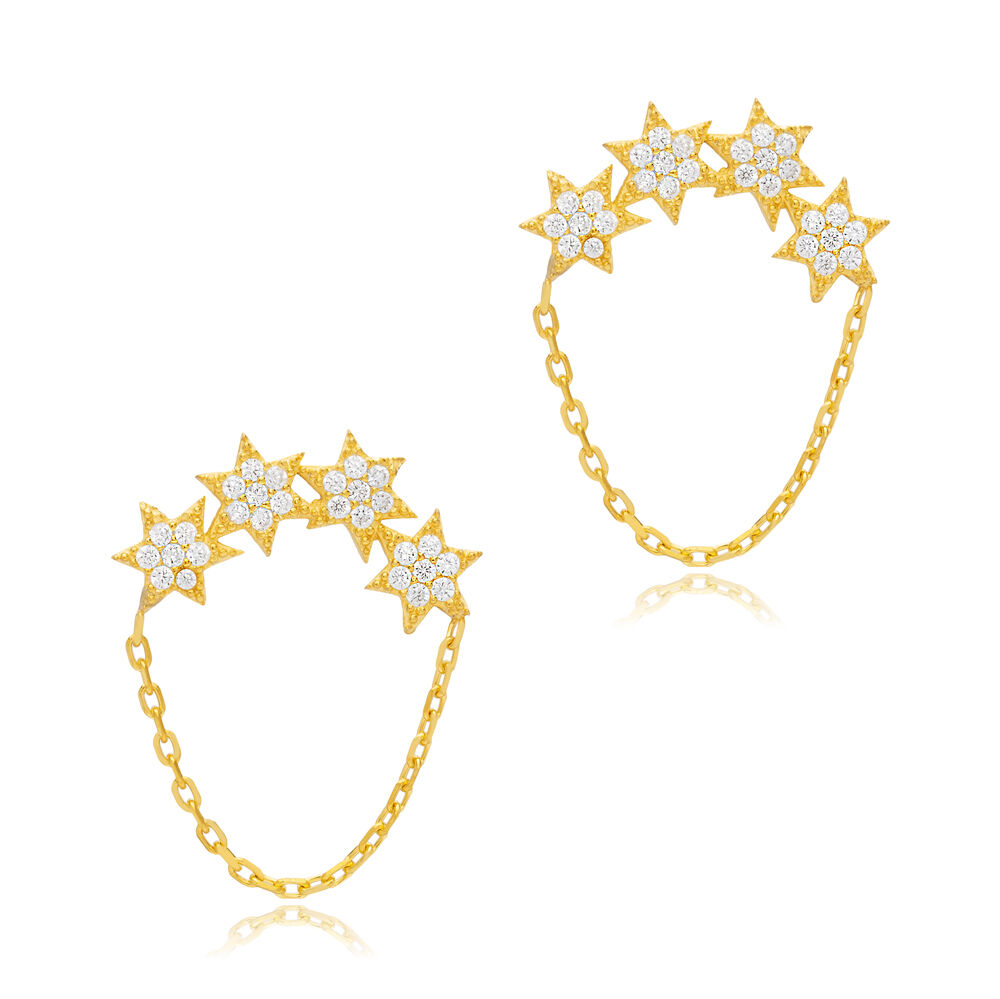 Multi Star Shape Chain Design Zircon Stone Stud Earrings Turkish Handmade Wholesale 925 Sterling Silver Jewelry