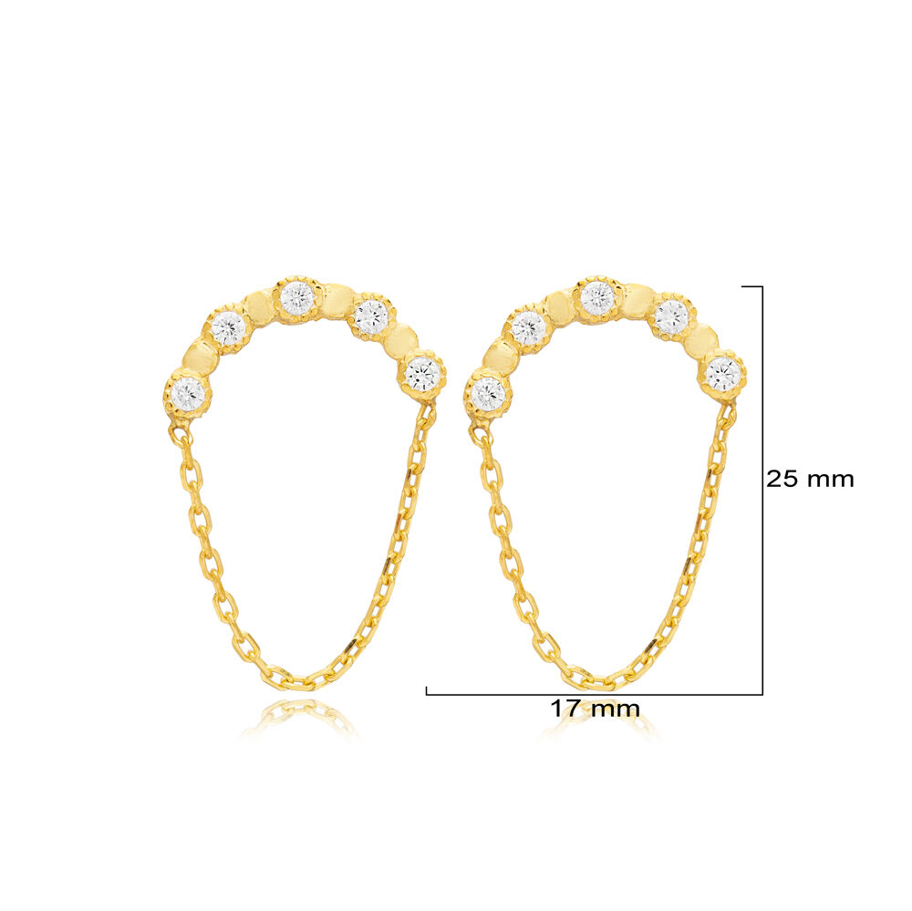 Round Shape Chain Design Zircon Stone Stud Earrings Turkish Handmade Wholesale 925 Sterling Silver Jewelry
