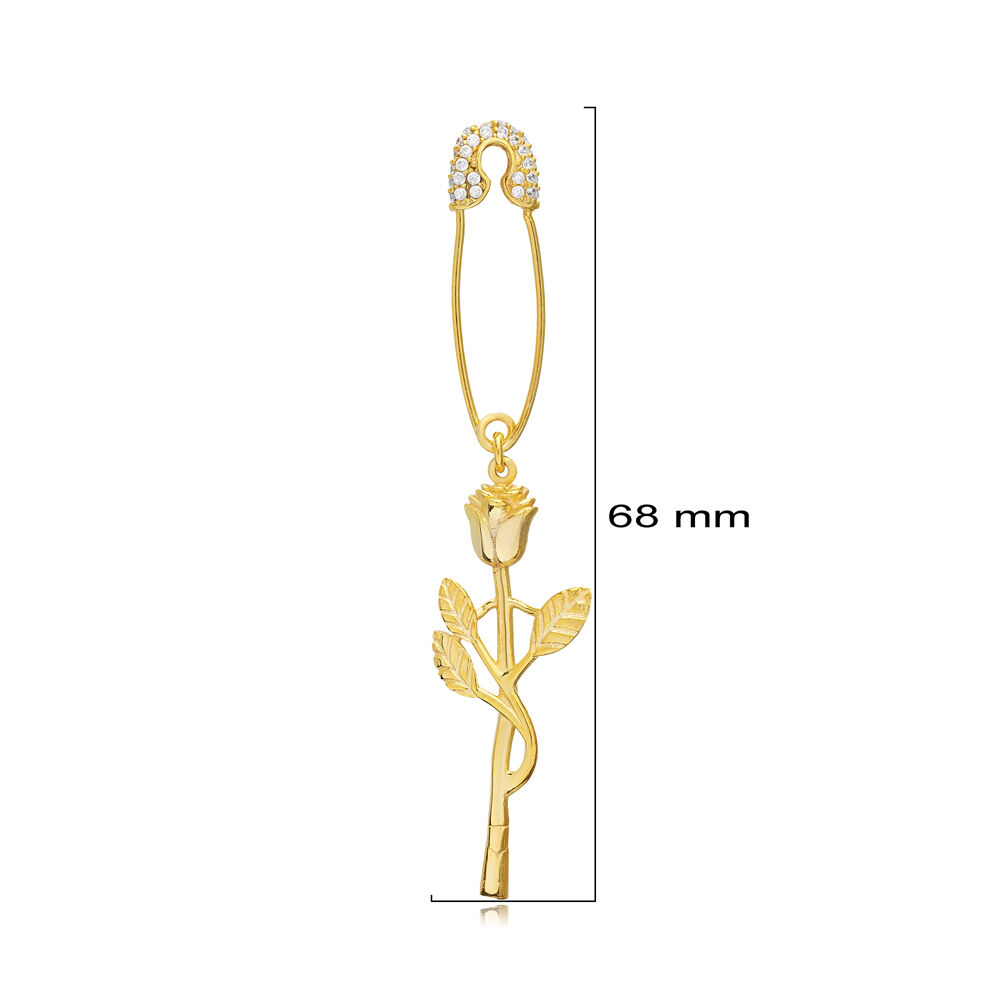 Rose Flower Shape Shiny Zircon Stone Safety Pin Design Single Earring 925 Sterling Silver Jewelry