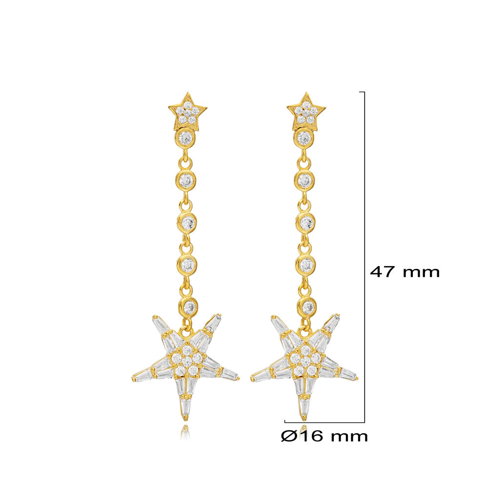 Star Design Clear Zircon Stone Long Earrings Turkish Handmade Wholesale 925 Sterling Silver Jewelry