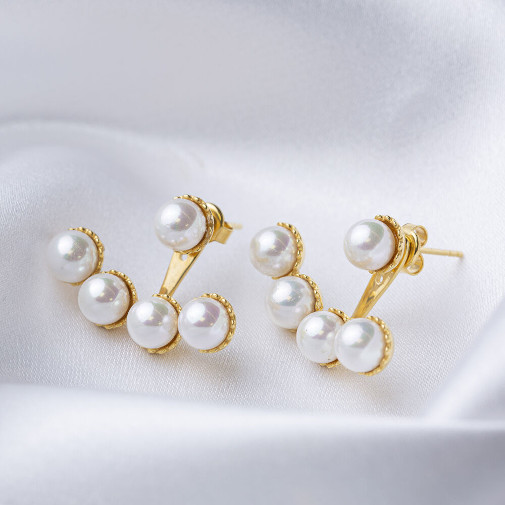 Pearl Design Ear Jackets Earrings Turkish Handmade Wholesale 925 Sterling Silver Jewelry