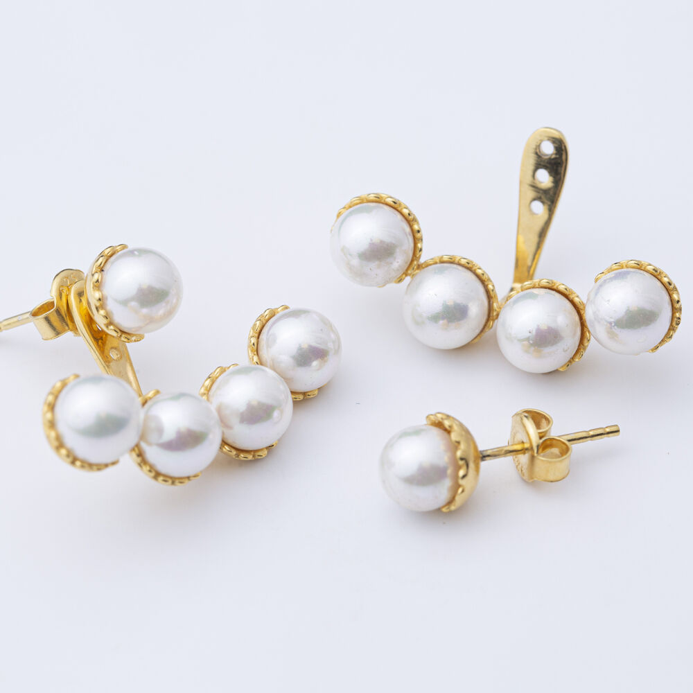 Pearl Design Ear Jackets Earrings Turkish Handmade Wholesale 925 Sterling Silver Jewelry