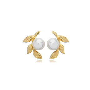 Leaf Design Single Pearl Design Stud Earrings Turkish Handmade Wholesale Jewelry 925 Silver Jewelry